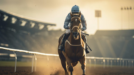 Horse and jockey in intense race competition, dust flying on the racetrack. Concept of equestrian sports, racing speed, stamina, and winning. Copy spaceの素材
