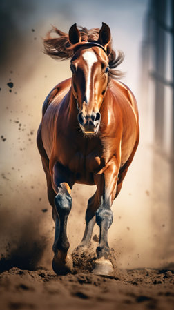 Horse galloping in sandy arena. Concept of freedom, power, equine grace, sports equestrian club, horse training. Vertical formatの素材