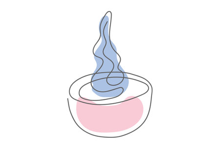 Tea light candle with blue flame. Burning decorative aromatic candle. Continuous one line drawing. Line art. Isolated on white background. Design element for print, scrapbooking, greeting, postcardのイラスト素材