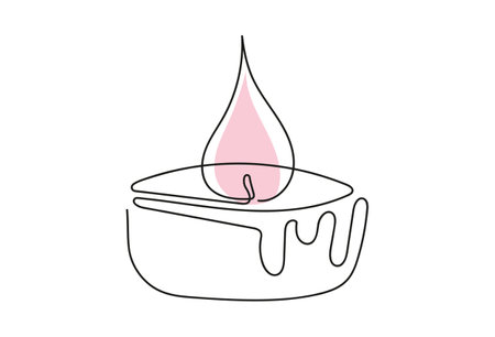 Tea light candle with pink flame. Burning decorative aromatic candle. Continuous one line drawing. Line art. Isolated on white background. Design element for print, scrapbooking, greeting, postcardのイラスト素材