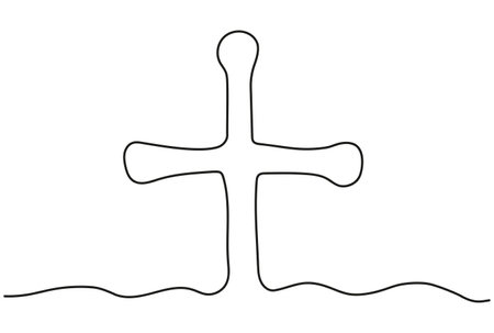 Continuous one line drawing of a cross. Line art. Concept of Easter, faith, spirituality, religion, funeral. Design element. Black and white vector isolated on white backgroundのイラスト素材