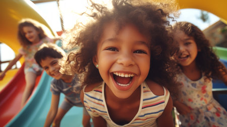 Happy children of different nationalities play at the playground. Concept of childhood joy, outdoor activities, friendship, summertime, happiness, and diverse youth.の素材