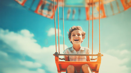 Joyful kid boy laughing on a swing on a warm sunny day on a playground. Concept of carefree play, happy childhood, summer fun, and outdoor activities.の素材