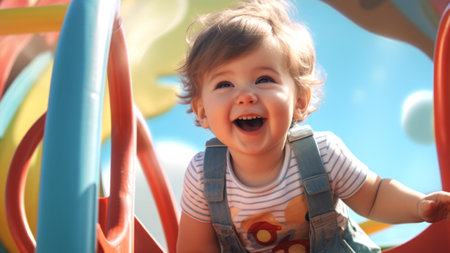 Happy little kid boy plays at the playground. Concept of childhood joy, outdoor activities, summertime, happiness, and funの素材