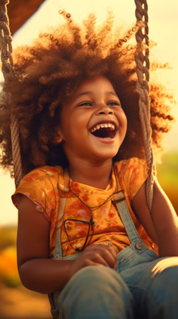 Happy African American kid boy laughing on a swing on a warm sunny day on a playground. Concept of carefree play, happy childhood, summer fun, and outdoor activities. Vertical formatの素材