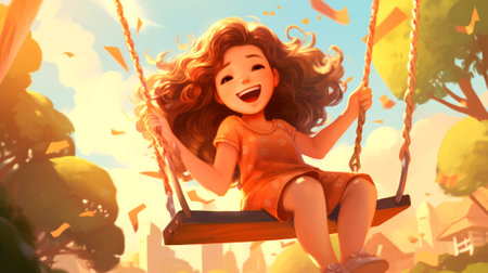 Happy kid girl laughing on a swing on a warm sunny day on a playground. Concept of carefree play, happy childhood, summer fun, and outdoor activities. Flat digital illustrationの素材