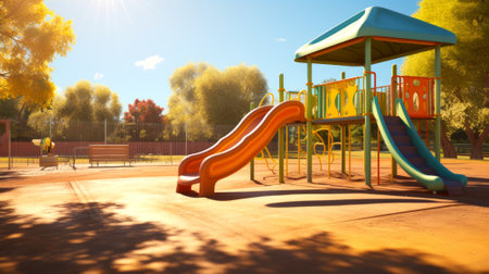 Empty vibrant outdoor play structure with slides. Colorful playground. Concept of recreation, children's play equipment, public parks, and fun.の素材