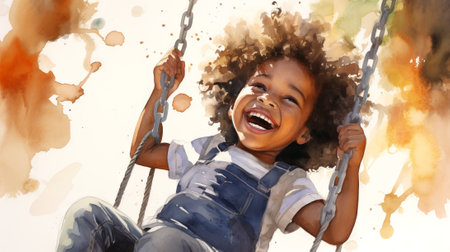 Happy African American kid laughing on a swing on a warm sunny day on a playground. Concept of carefree play, happy childhood, summer fun, and outdoor activities. Watercolor illustrationの素材