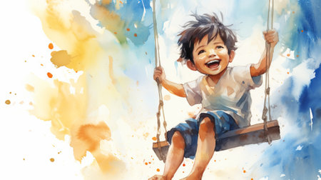 Cheerful Asian kid boy laughing on a swing on a warm sunny day on a playground. Concept of carefree play, happy childhood, summer fun, and outdoor activities. Watercolor illustrationの素材