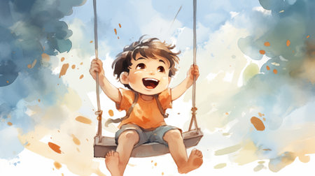 Cheerful kid boy laughing on a swing on a warm sunny day on a playground. Concept of carefree play, happy childhood, summer fun, and outdoor activities. Watercolor illustrationの素材