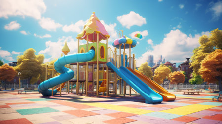 Colorful playground with slides on a sunny day. Concept of childhood, outdoor activity, leisure time, and play area.の素材