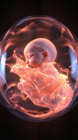 Fetus inside a glowing womb. Sleeping baby embryo in translucent bubble. Concept of new life, nurturing warmth, comfort, calmness, beginnings, innocence. Vertical formatの素材