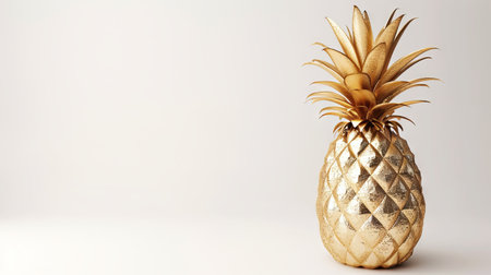 Golden pineapple made of gold on a white background, suitable for minimalist design or premium product illustration, emphasizing value and elegance. Exclusive fruit. Banner with copy spaceの素材