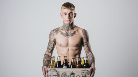 Tattooed man holding a crate of beer bottles. Concept of beer tasting, party, friendly gathering, and enjoyment. Light background. Copy spaceの素材