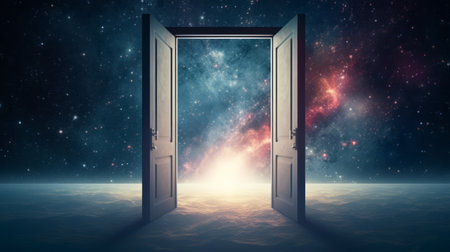 Door opening to a vibrant cosmic scene, merging a serene landscape with space. Concept of dreams, imagination, discovery, the unknown, freedom, adventure, mystery, limitless possibilities.の素材