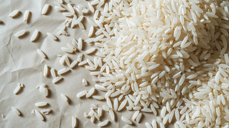 Rice grains scattered on the paper. Top view. Background. Texture. Concept of uncooked food, dietary staple, cereal grain, and agricultural product.の素材