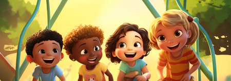 Happy kids of different nationalities play at playground. Concept of childhood joy, outdoor activities, friendship, happiness, summertime, and diverse youth. Digital illustrationの素材