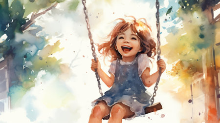 Happy kid girl laughing on a swing on a warm sunny day on a playground. Concept of carefree play, happy childhood, summer fun, and outdoor activities. Watercolor illustrationの素材