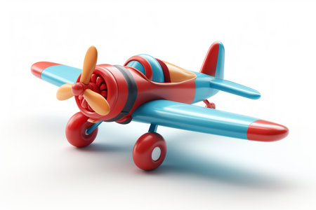 Futuristic toy airplane isolated on a white background. Concept of kids friendly toys, aviation playthings, playful designs, and bright colorsの素材