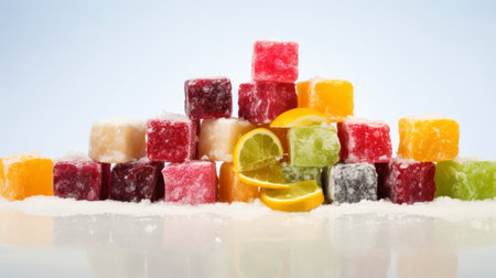 Multi-colored Turkish delight Rahat Lokum assortment, on light background. Delicious oriental sweets.の素材