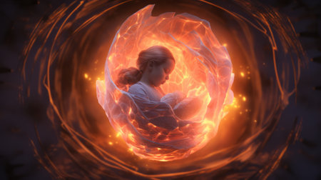 Sleeping child wrapped in luminous veil amidst a warm glow. Concept of tender dreams, protective cocoon, tranquility, and calmness.の素材