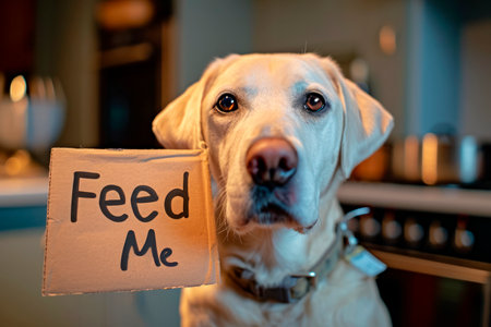 Labrador retriever holding a Feed Me sign in a kitchen. Concept of pet hunger, dog care, animal communication, and feeding time. Copy spaceの素材
