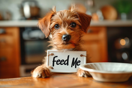 Cute hungry dog holding a Feed Me cardboard sign in the kitchen setting. Concept of pet care, animal feeding, funny dogs, and humorous pet expressions.の素材