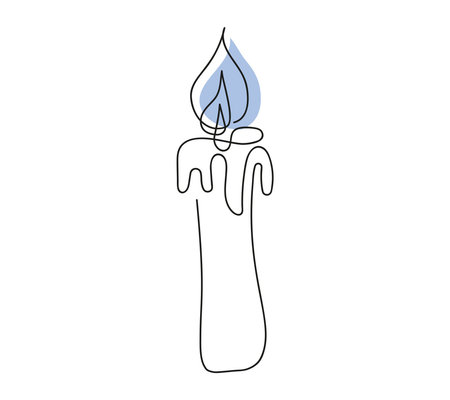 Wax candle with blue flame. Burning decorative aroma candle. Continuous one line drawing. Line art. Isolated on white backdrop. Design element for print, greeting, postcard, scrapbooking. Coloredのイラスト素材