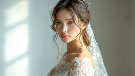 Beautiful young Asian bride in a white lace wedding gown. Tender woman. Concept of bridal beauty, elegance, feminine grace, and the start of a matrimonial journey.の素材