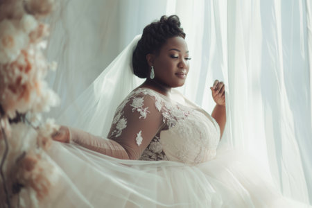 Beautiful plus size African American bride in a sumptuous white wedding gown. Concept of bridal elegance, luxury attire, designer fashion, and vibrant celebrations.の素材