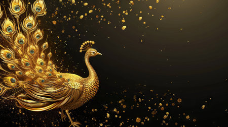 Sparkling golden jewelry peacock made of gold, on dark background. Banner with copy space. Concept of luxury design, opulence, wealth, elegant graphics, ornamental artwork, and digital art.の素材