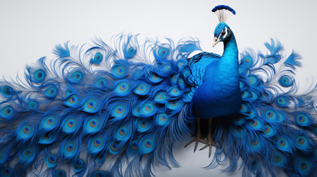 Blue peacock with vibrant tail feathers. Concept of ornithology, bird elegance, feather patterns, and avian beauty.の素材