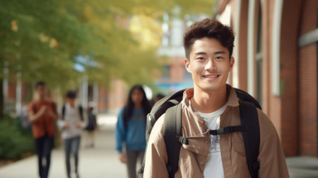 Smiling Asian student with a backpack outdoors at university. Young refugee guy. Concept of immigrant education, refugee resilience, international education, diversity, and cultural integration. Copy spaceの素材