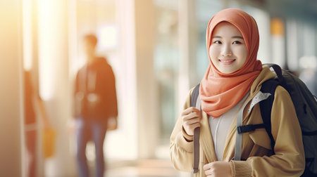 Asian female Muslim student in hijab at university. Refugee woman with backpack. Concept of immigrant education, refugee integration, diversity, cultural exchange, academic aspiration. Copy spaceの素材