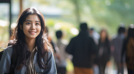 Smiling Asian female student at university outdoors. Young refugee woman with backpack. Concept of immigrant education, refugee integration, diversity, cultural exchange, academic aspiration.の素材
