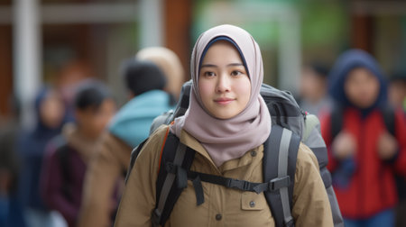 Asian female Muslim student in hijab at university. Refugee woman with backpack. Concept of immigrant education, refugee integration, diversity, cultural exchange, academic aspiration.の素材