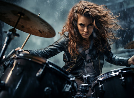 Female drummer performing intensely on a drum set. Concept of rock music, powerful performance, percussion mastery, and musical energy.の素材