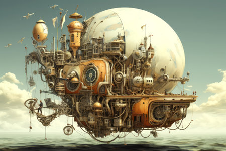Floating steampunk city with mechanical details. Concept of alternative history, science fiction, futuristic design, and creative invention.の素材