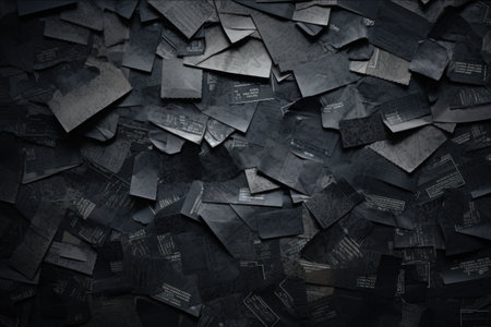 Pile of scattered old black paper stickers, labels and ephemera. Textured background. Concept of retro design, antiquity, collectibles, vintage graphicsの素材