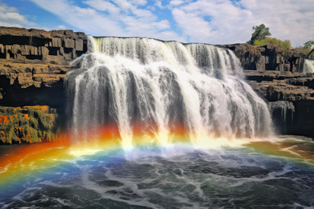 Waterfall cascading over rocky cliffs with a rainbow. Concept of natural wonder, vibrant ecosystem, outdoor adventure, and scenic beauty.の素材