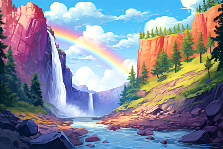 Rainbow arching over a forest waterfall. Concept of serene landscape, natural splendor, rainbow miracle, and tranquil environment. Digital artの素材