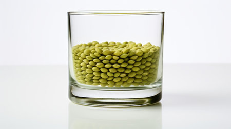 Green lentils in a clear glass on white surface. Concept of minimalism, healthy eating, and ingredient simplicity.の素材