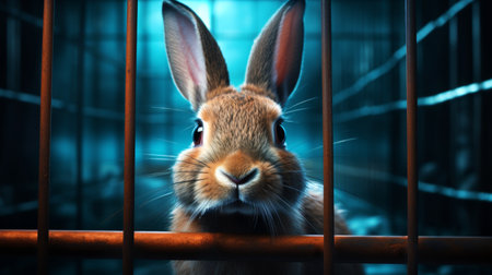 Rabbit peering through a cage, yearning for freedom. Concept of animal rights, captivity, and longing.の素材