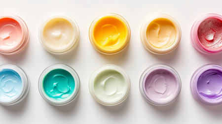 Assorted skincare cream jars, colorful beauty treatment products, cosmetic texture display. Top view. White background. Concept of skin care variety, beauty assortment, organic facial and body creamsの素材