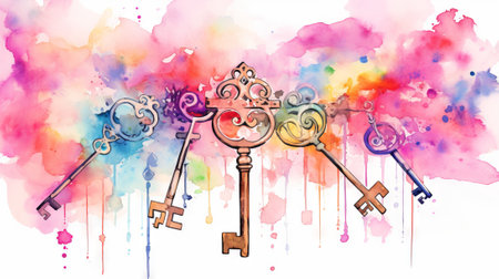 Vintage keys with colorful watercolor splashes. Concept of mystery, vintage charm, unlocking, creative design, antique keys, historical secrets. Aquarelleの素材