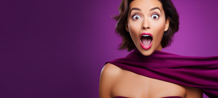Shocked brunette woman, open mouth, wide eyes. Concept of shock, unexpected news, pleasant sale or offer, joyful reaction, promotional content. Purple background. Wide banner with copy spaceの素材