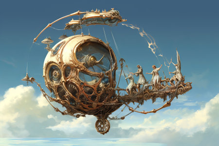 Steampunk airship floating above the sea. Concept of fantasy transportation, adventure, and alternate reality.の素材
