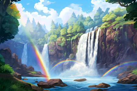 Waterfall cascading over rocky cliffs with a rainbow. Concept of natural wonder, vibrant ecosystem, outdoor adventure, and scenic beauty. Digital artの素材