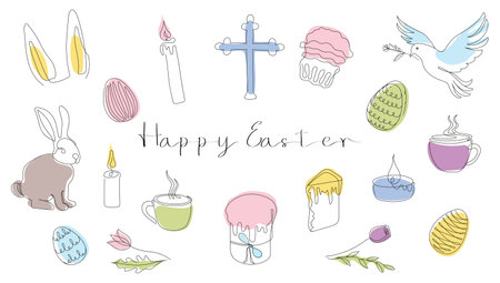 Easter Set in continuous one line style with design elements like bunny, eggs, dove, candles, cross, Easter cakes, steaming mugs, flowers. Vector. For greeting cards, textiles, fabric prints. Clipartのイラスト素材
