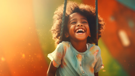 Happy African American kid boy laughing on a swing on a warm sunny day on a playground. Concept of carefree play, happy childhood, summer fun, outdoor activities. Copy spaceの素材